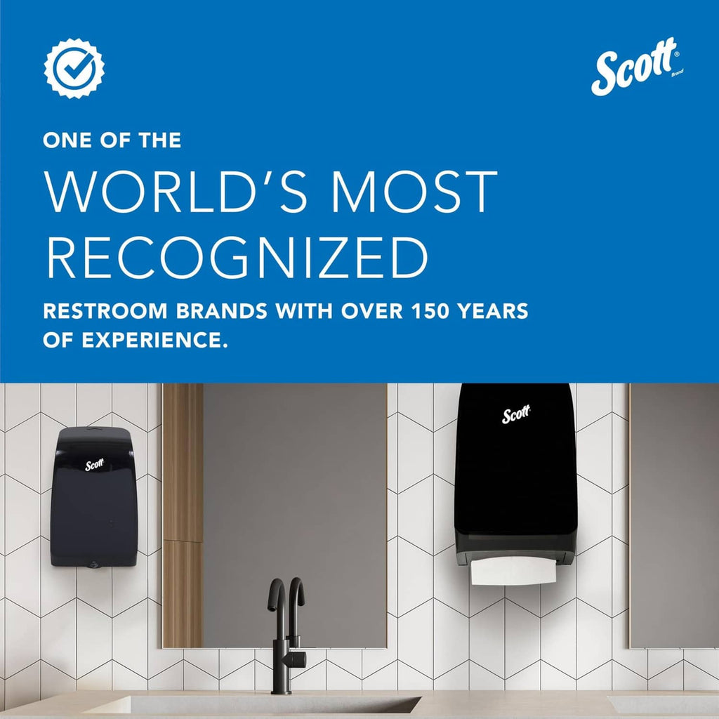 Wall-mounted paper towel dispenser with folded towels and Scott branding.