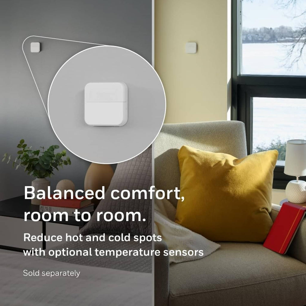 White smart thermostat wall unit with touchscreen display