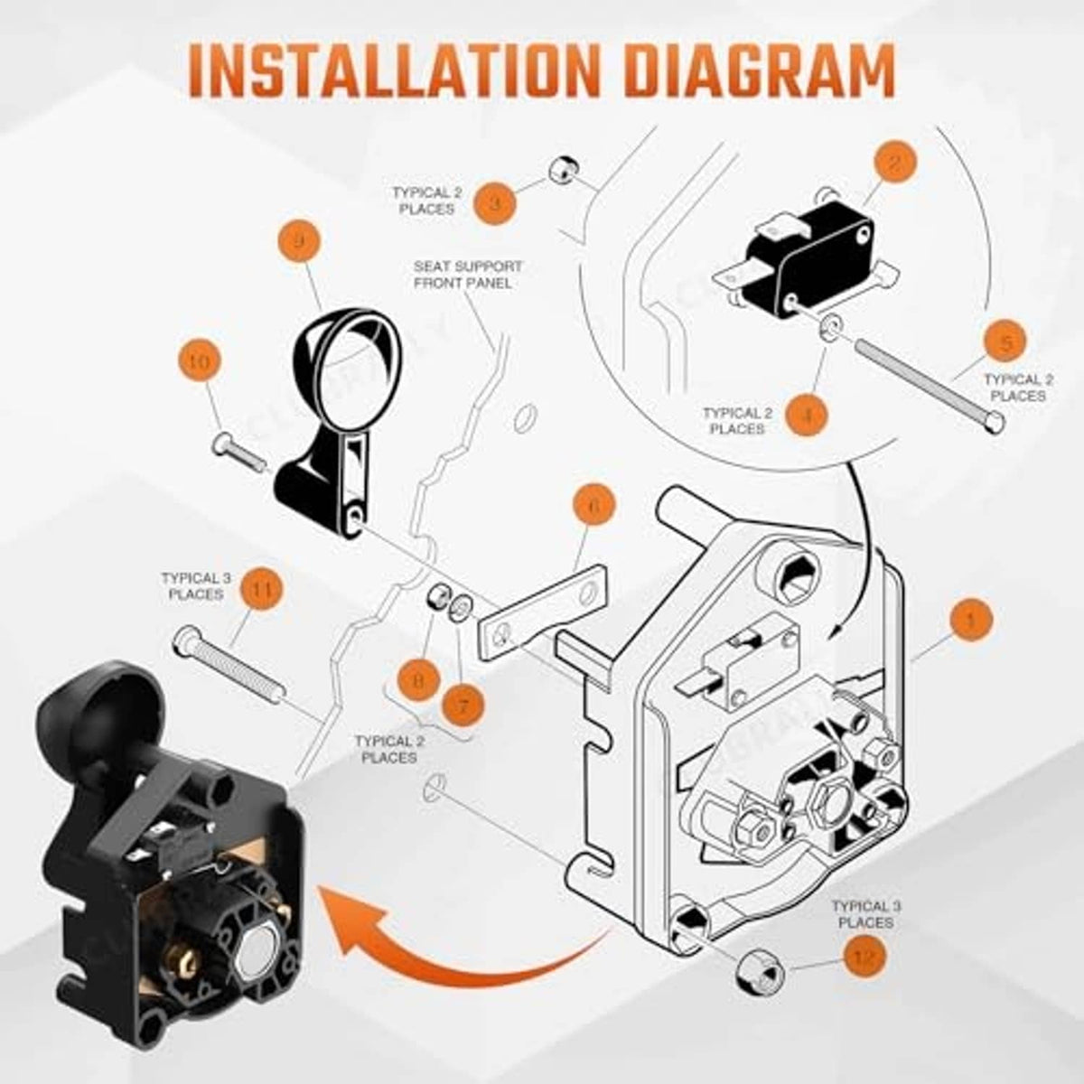 Installation diagram for forward/reverse switch with handle and mounting steps