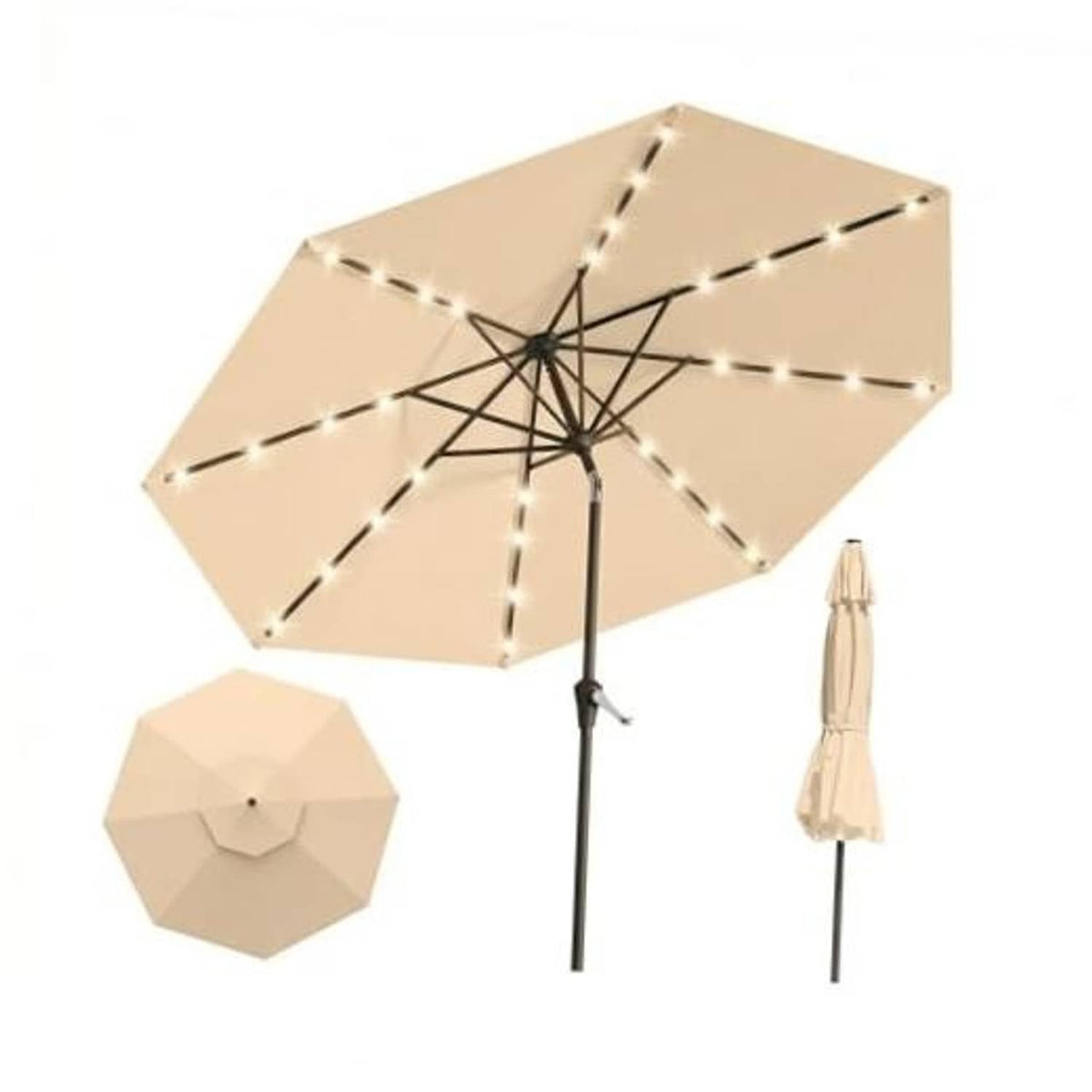 Khaki patio umbrella set with LED lights and dark center pole; includes cover and base.