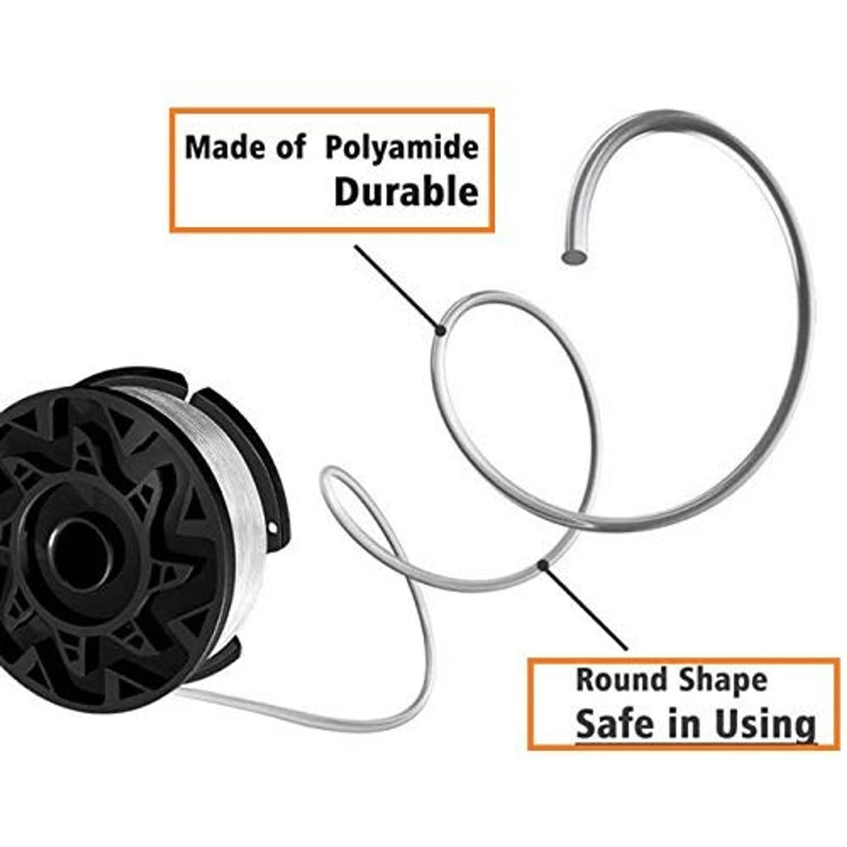 Black replacement trimmer spool with white filament line loops, round reel