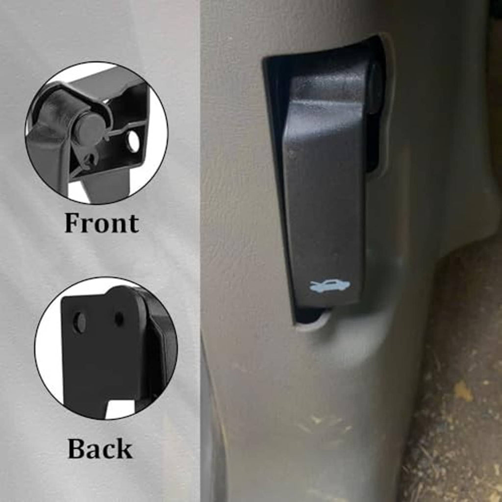Black hood release pull handle on vehicle, front and back detail views