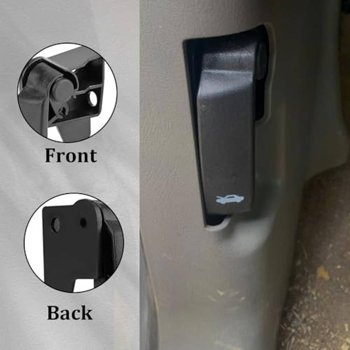 Black hood release pull handle on vehicle, front and back detail views