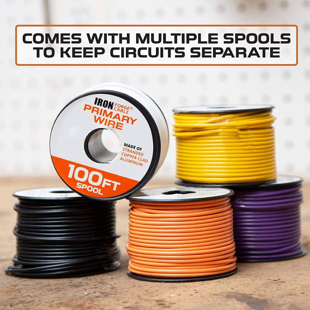 Assorted 14-gauge automotive wire spools: yellow, black, orange, purple, 100 ft