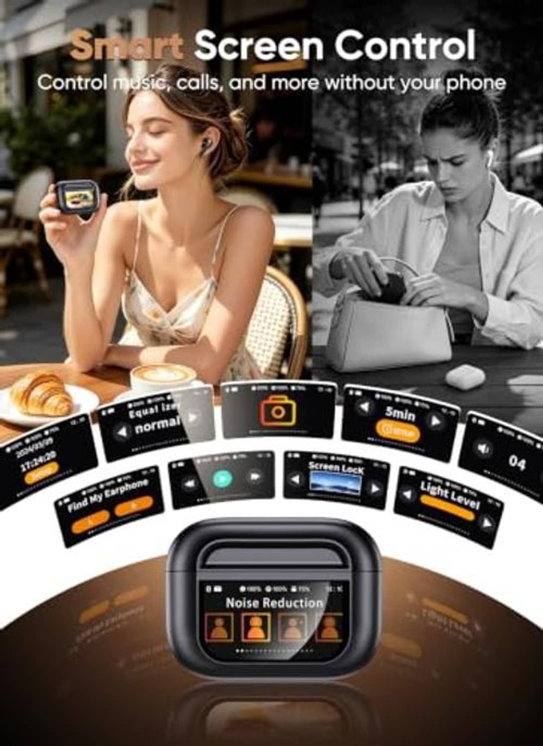 Black earbuds and smart touchscreen case with control icons, person using a phone