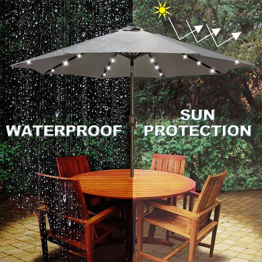Gray outdoor table umbrella with LED lights, open canopy, and top solar panel