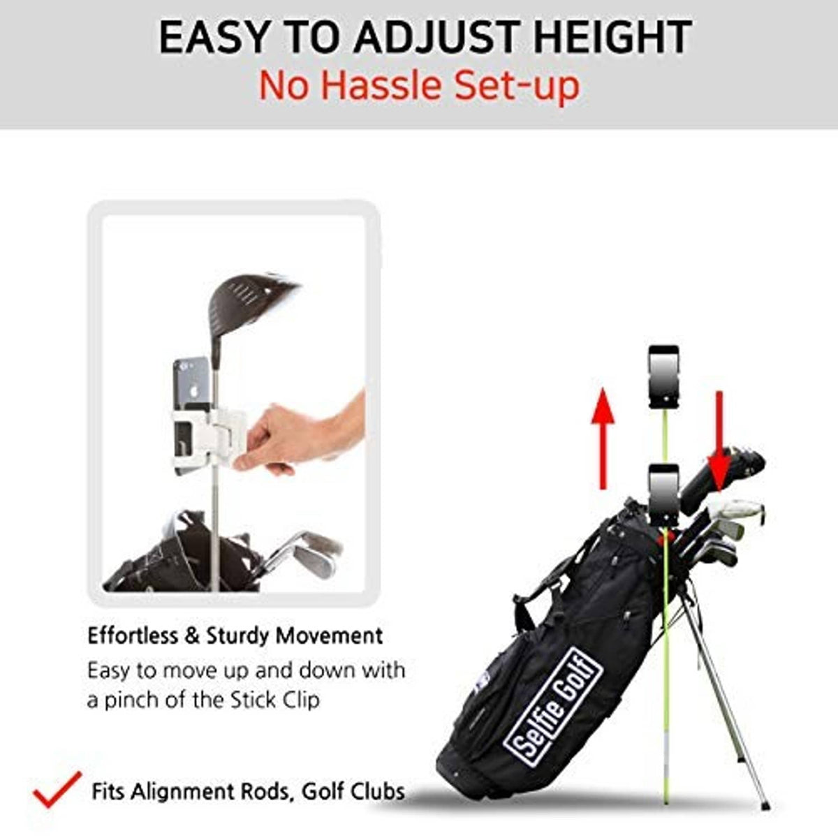 Adjustable height golf swing recording setup with phone holder and tripod