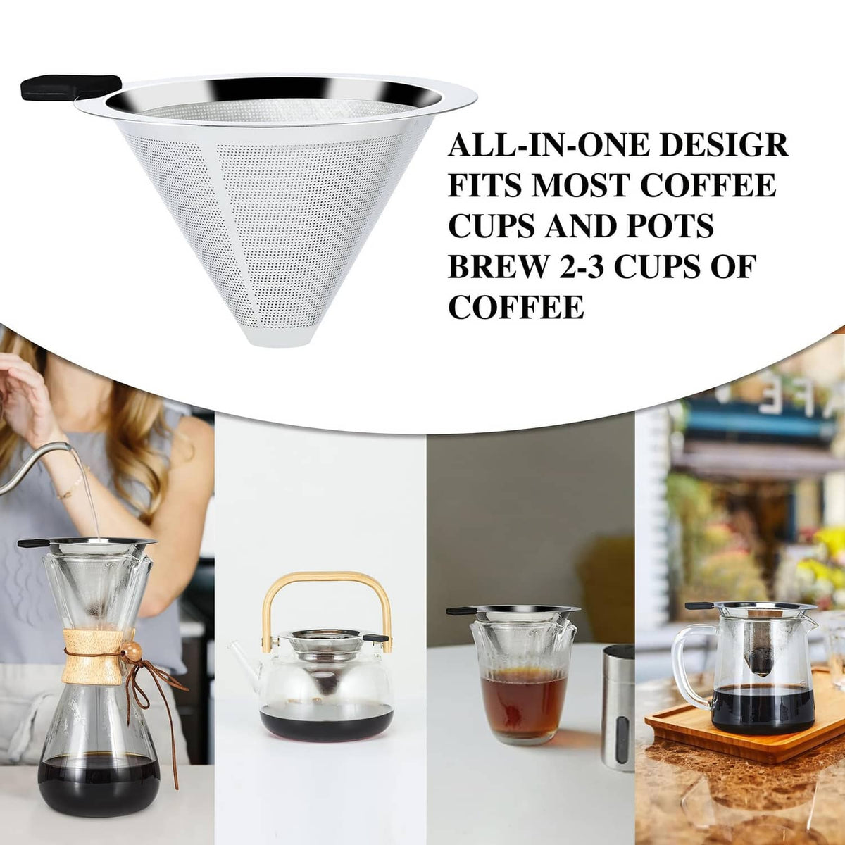 All-in-one stainless steel pour-over coffee cone dripper with fine mesh filter and black handle