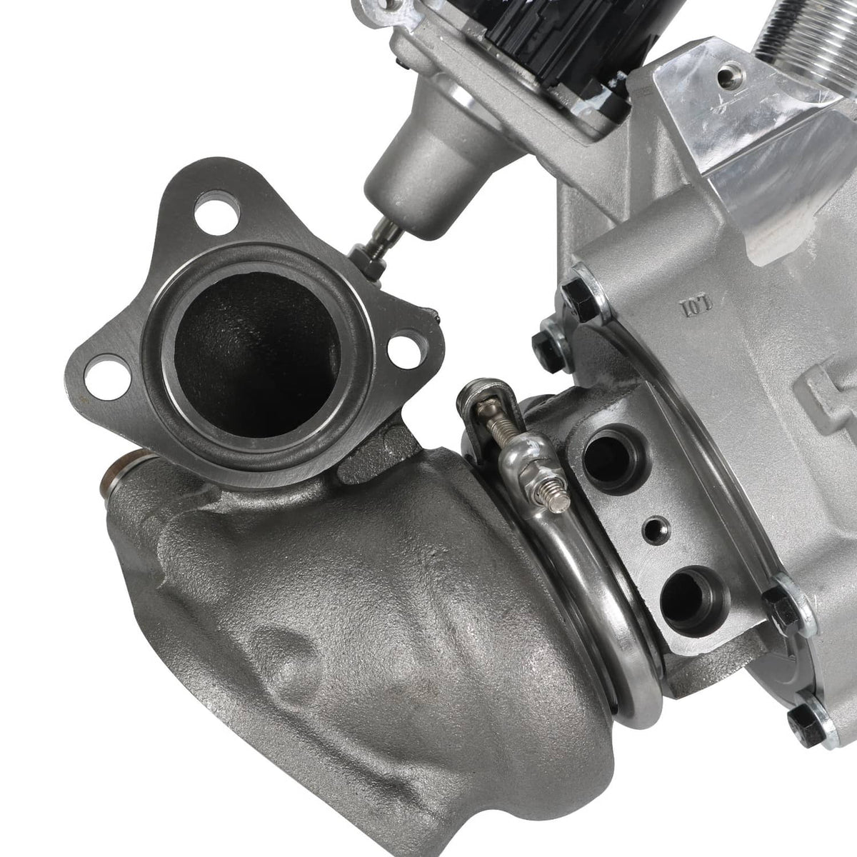 Turbocharger assembly with inlet flange, vacuum line, and metal brackets