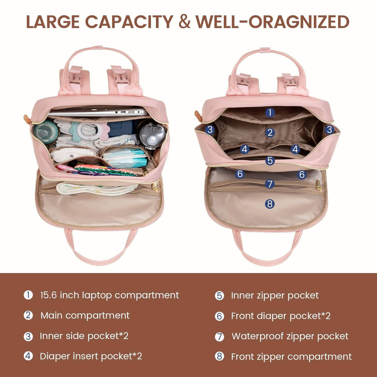 Diaper bag backpack opened to show interior compartments and front diaper pocket