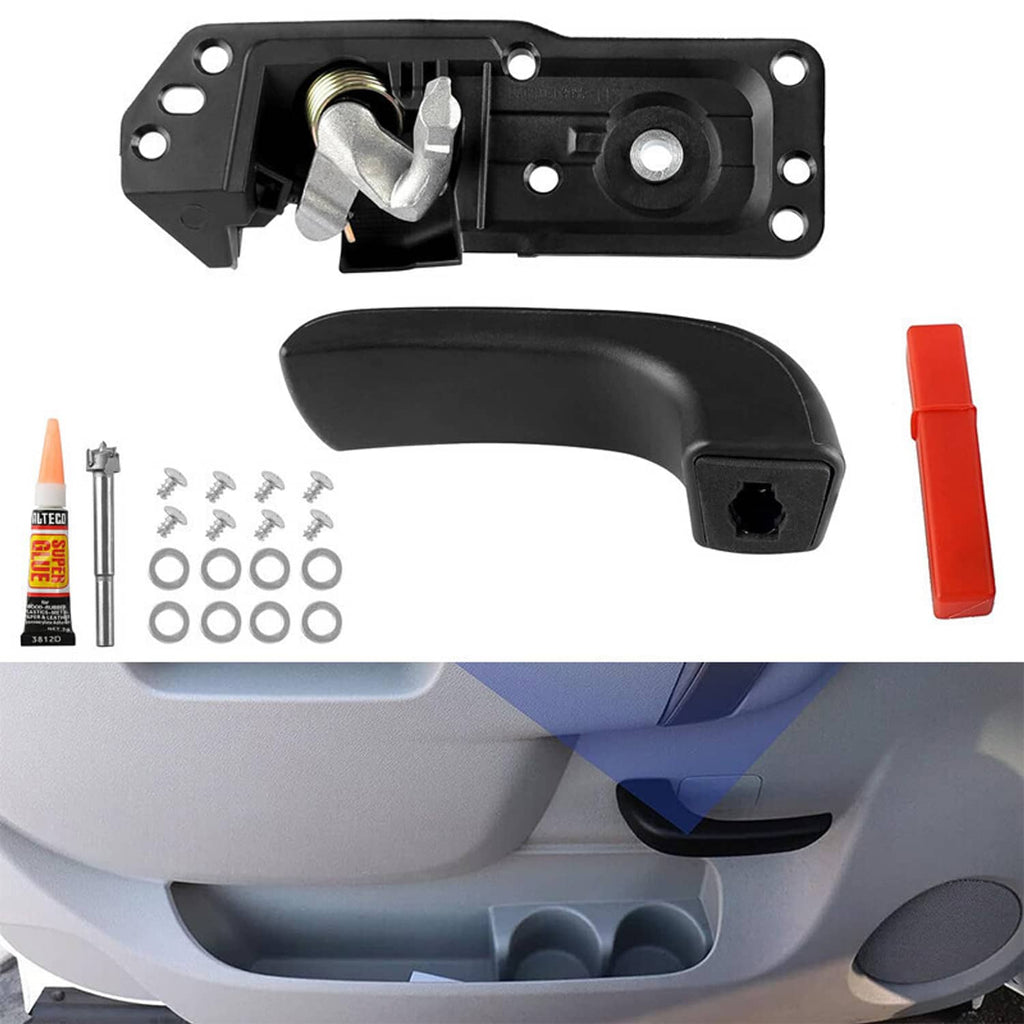 Black interior door handle repair kit with mounting frame, screws, washers and glue.
