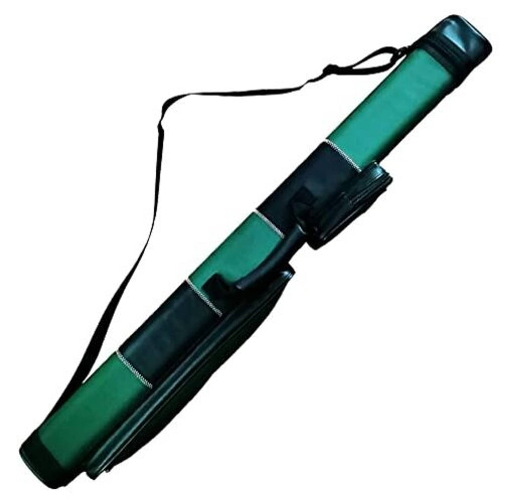 Green two-cue pool cue case with black end caps and adjustable shoulder strap.
