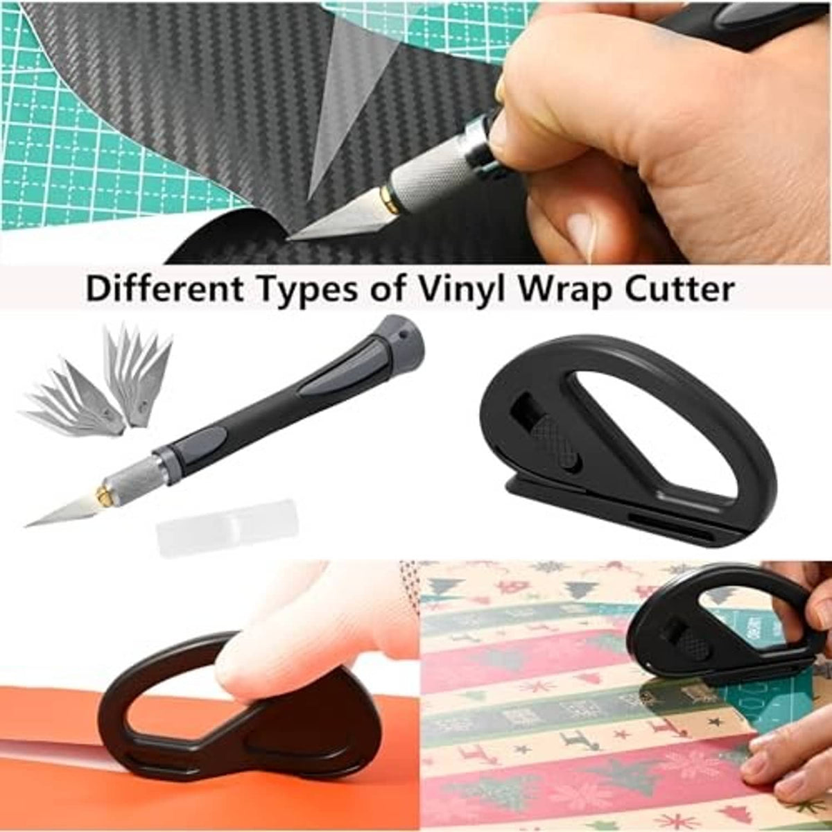 Vinyl wrap cutter tools, including a handheld blade and a black handle cutting tool