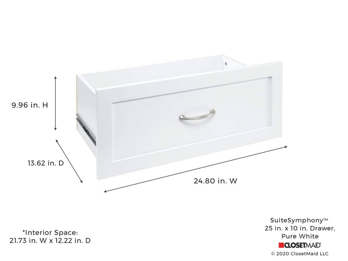 White shaker-style wood drawer with silver pull handle, shown with size measurements