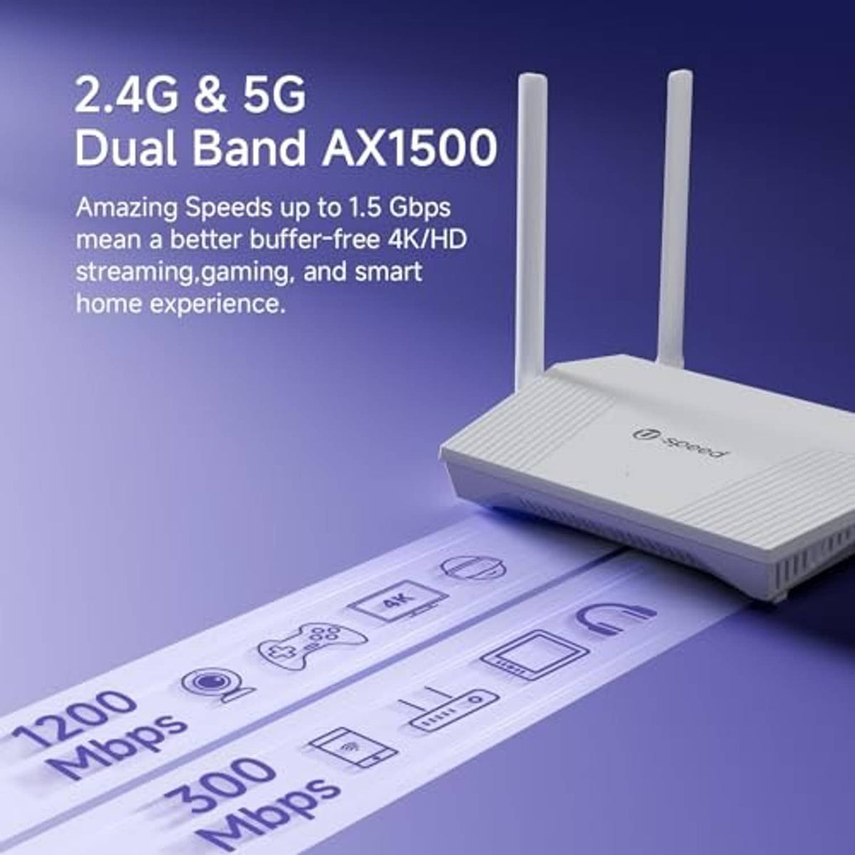 White dual-band AX1500 router on surface with two antennas against blue backdrop