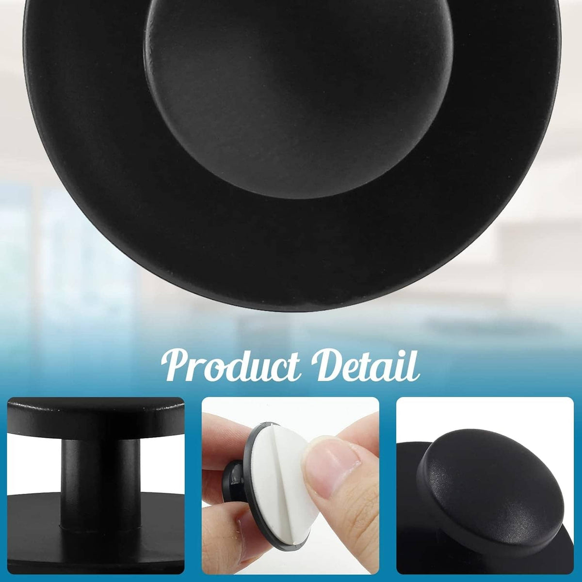 Close-up of matte black cabinet knob top and circular mount base