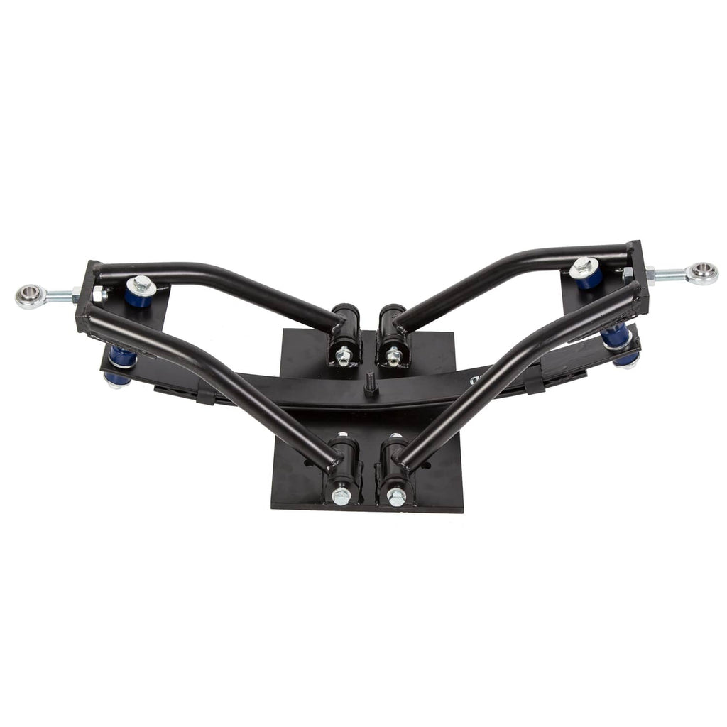 Black A-arm crossmember assembly with mounting brackets and blue-tinted hardware caps