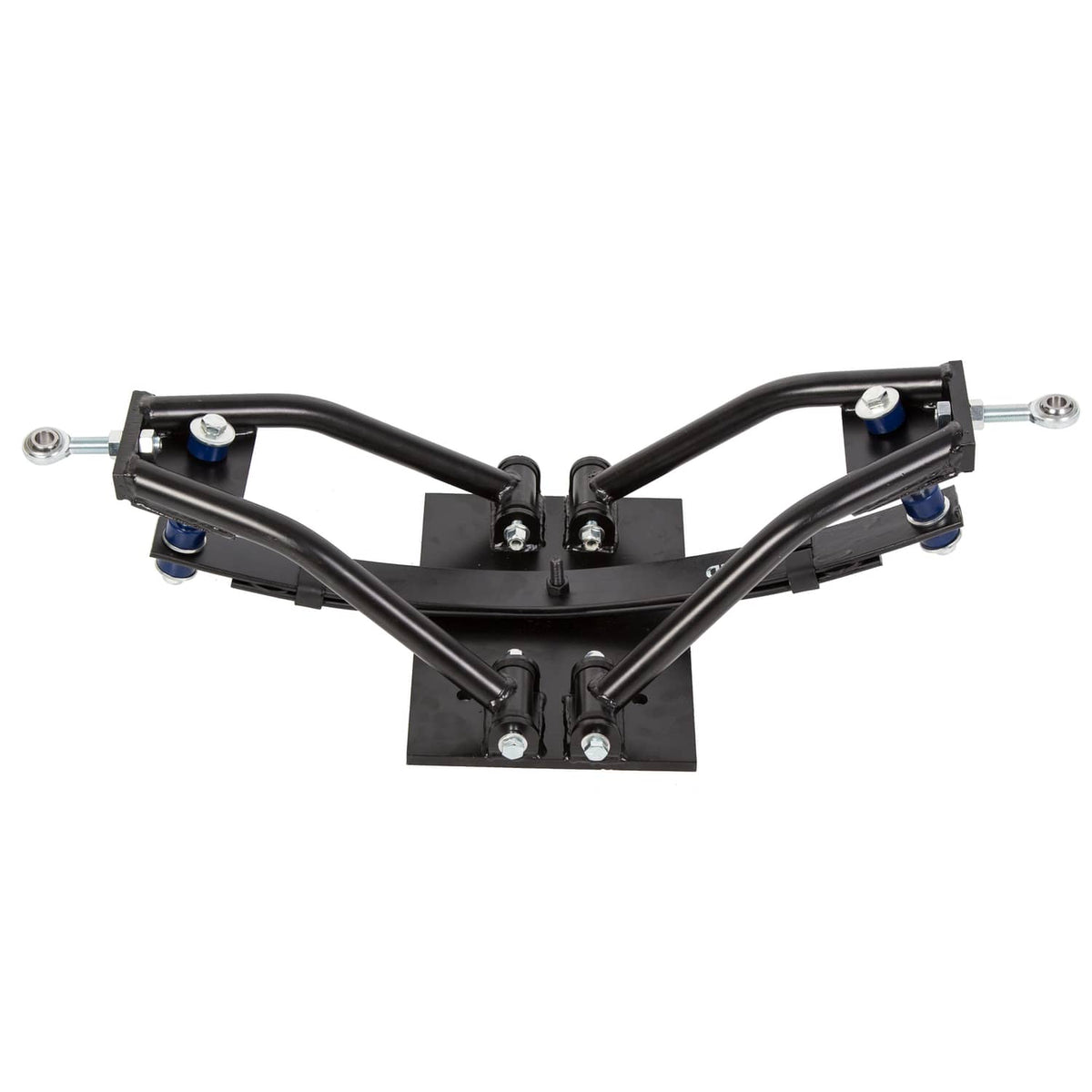 Black A-arm crossmember assembly with mounting brackets and blue-tinted hardware caps