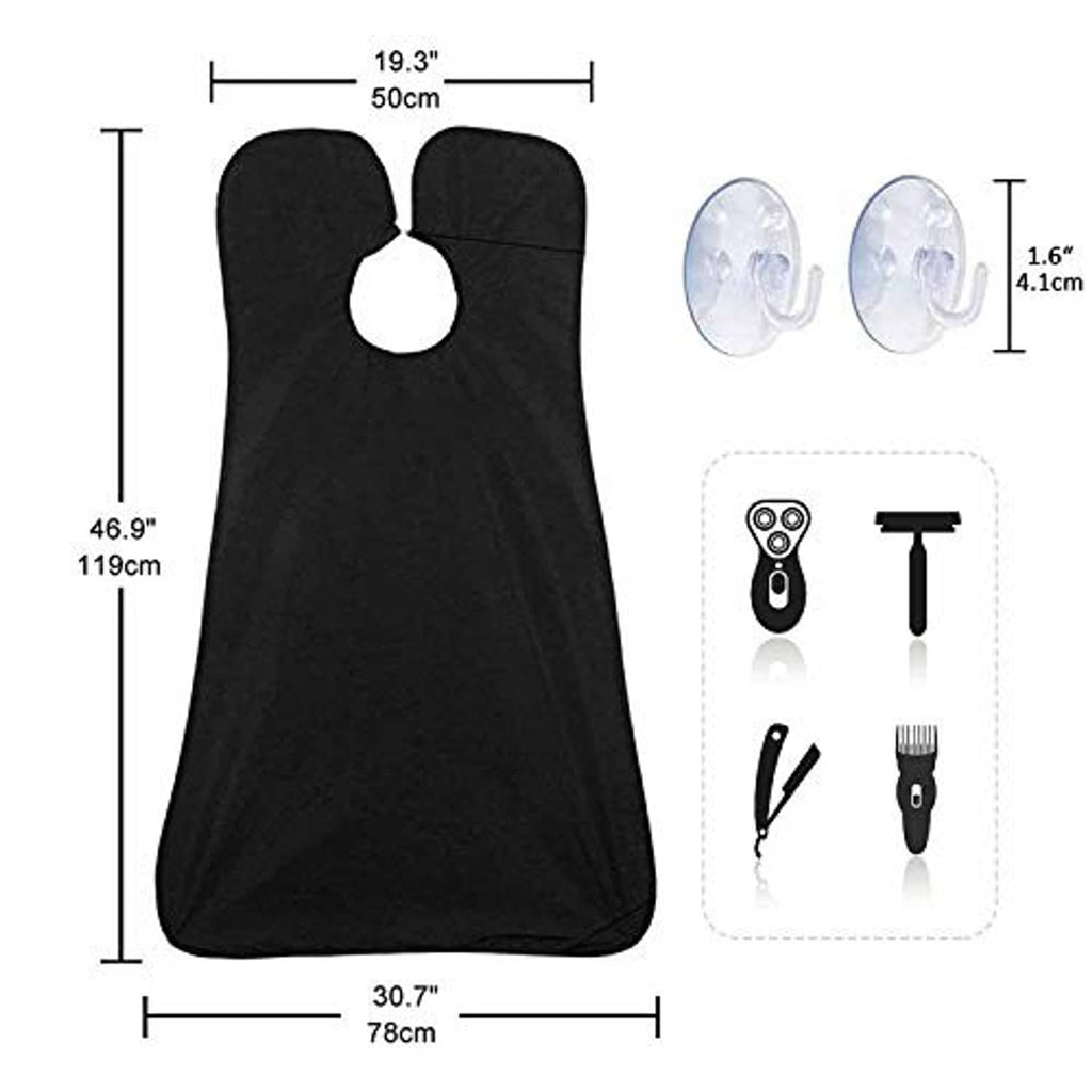 Black beard bib apron size diagram with neck cutout and side opening