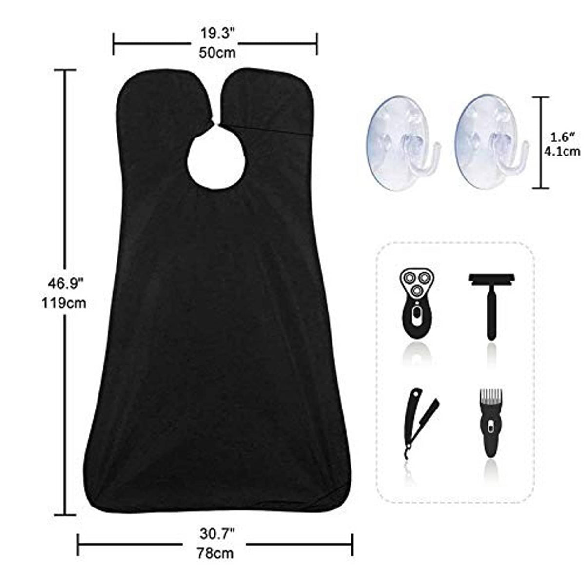 Black beard bib apron size diagram with neck cutout and side opening