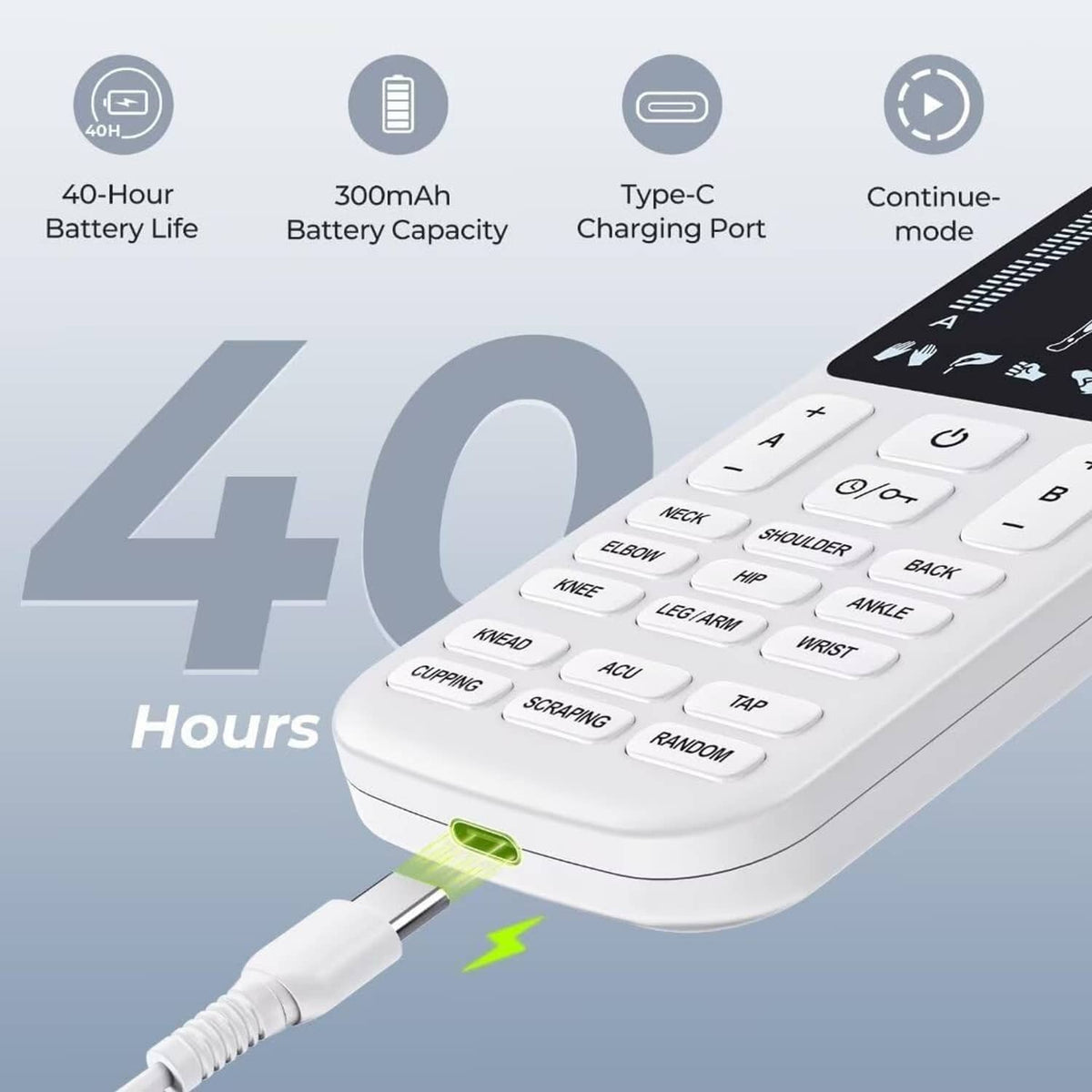 TENS control unit with buttons and connected charging cable for Type-C charging