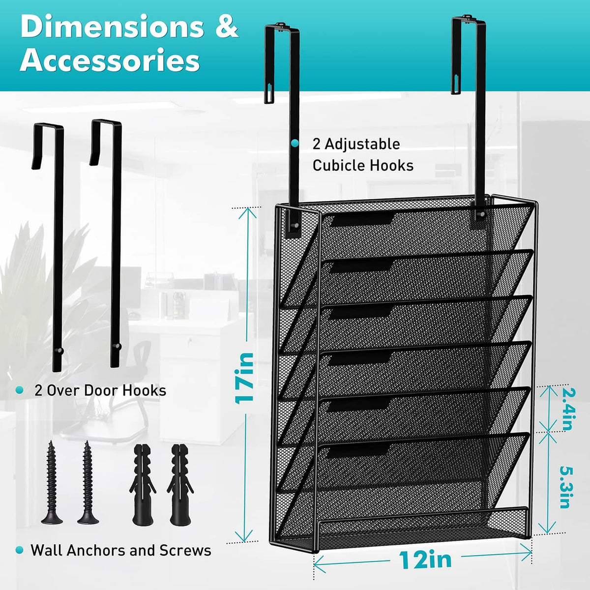 Wall-mounted hanging file organizer with 2 adjustable cube hooks and mesh tiers