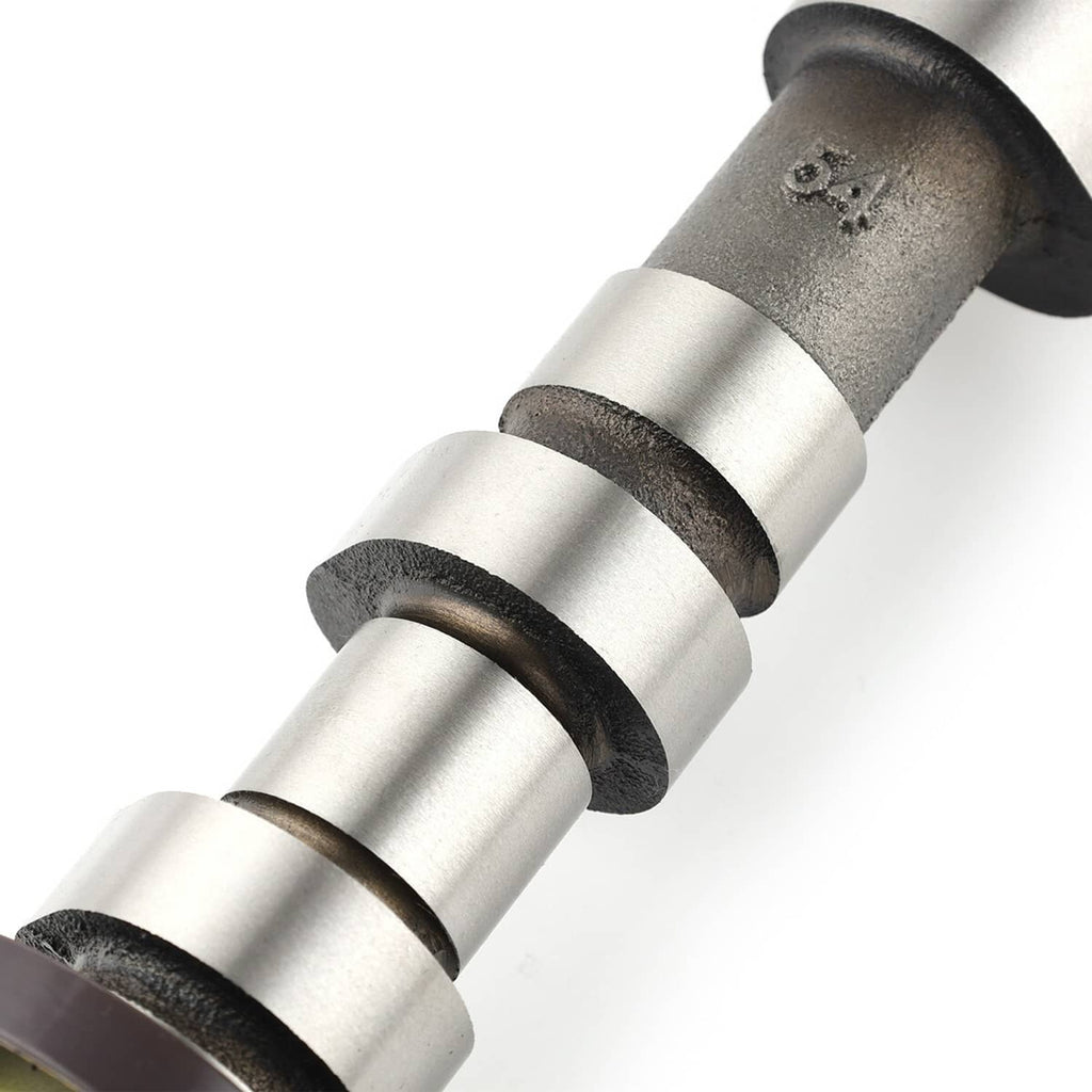 Left exhaust camshaft close-up of shaft journals and ringed bearings, silver