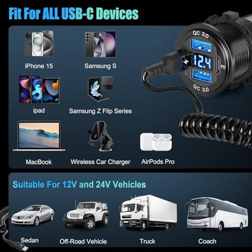 Car USB-C charger with blue voltmeter and coiled cable for 12V/24V vehicles