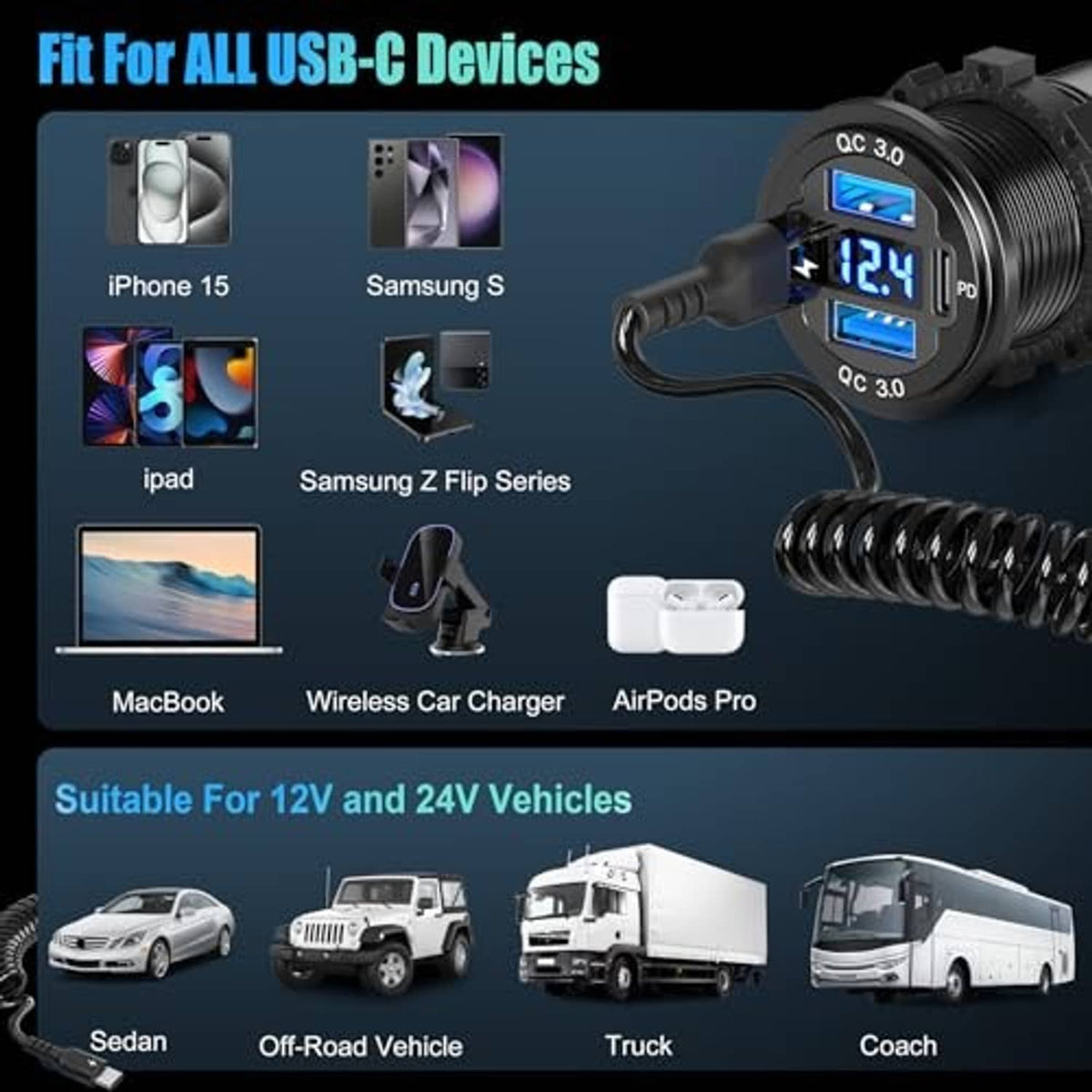 Car USB-C charger with blue voltmeter and coiled cable for 12V/24V vehicles