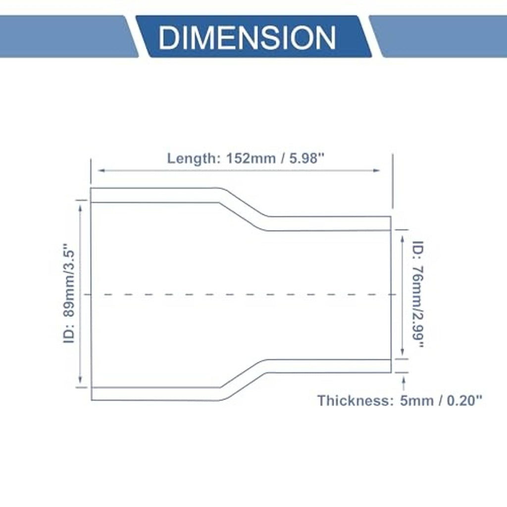 Silicone reducer hose dimension diagram showing length, thickness, and diameter
