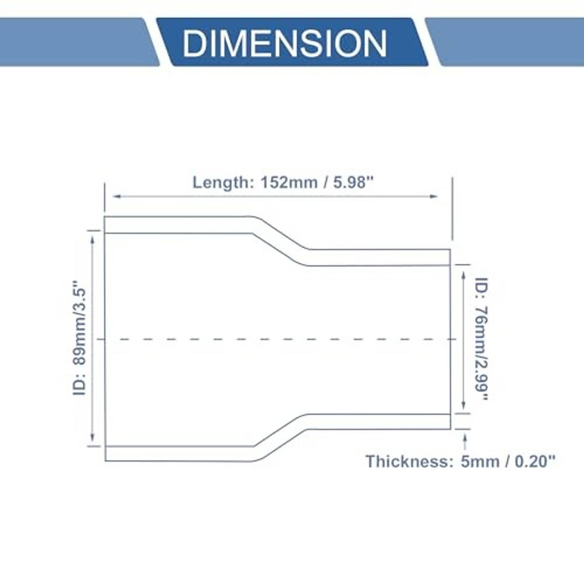 Silicone reducer hose dimension diagram showing length, thickness, and diameter