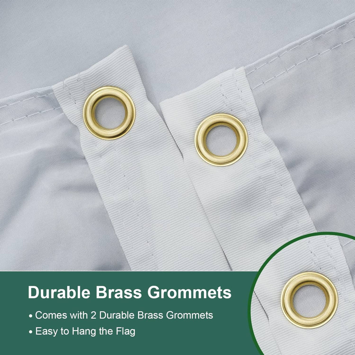 Outdoor flag header with two brass grommets and reinforced white fabric