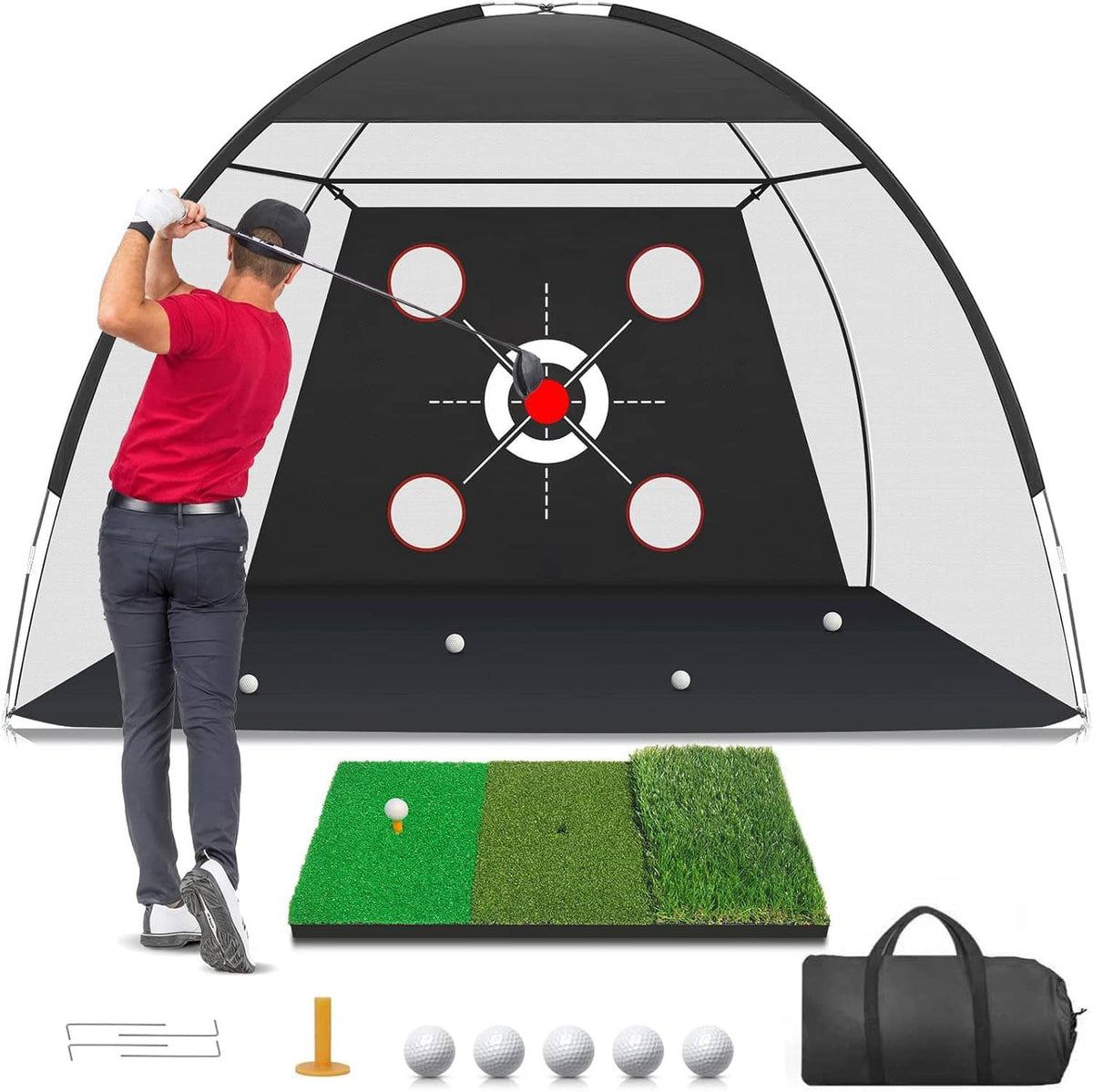Golf practice net with target circles, hitting mat, golf balls, tee, and carry bag
