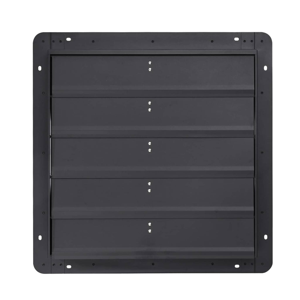 Wall-mounted shutter exhaust fan, dark louver grille, front view