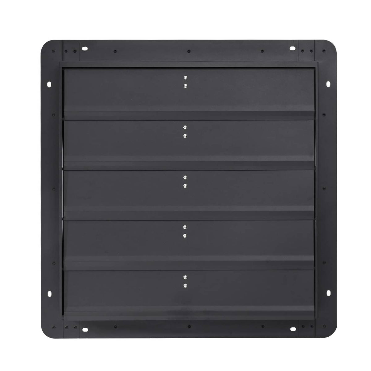 Wall-mounted shutter exhaust fan, dark louver grille, front view