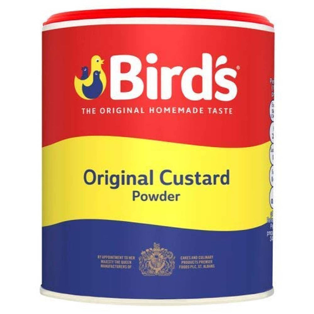 Birds custard powder tub with red, yellow, and blue label