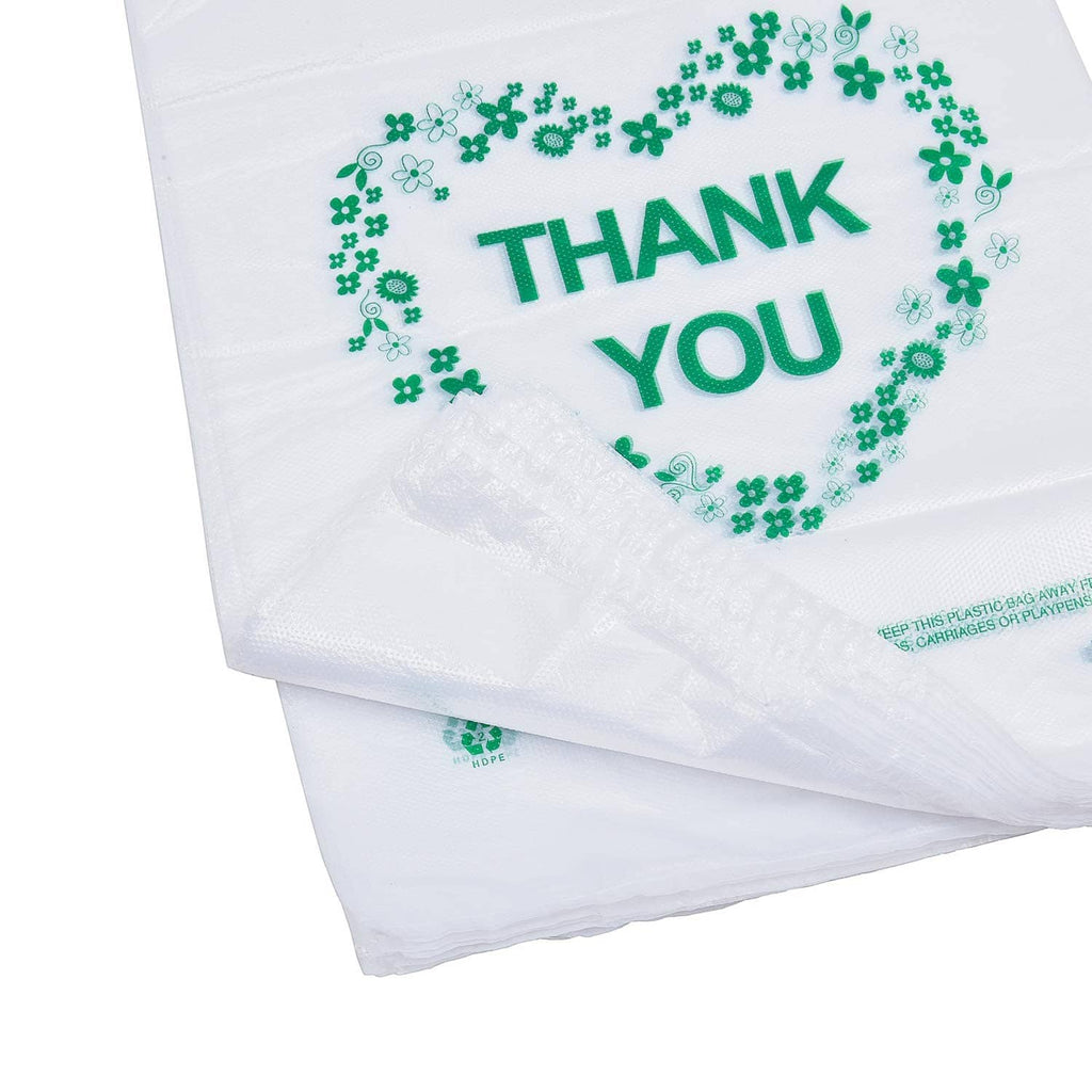 White plastic grocery bag with handles, green THANK YOU wreath print