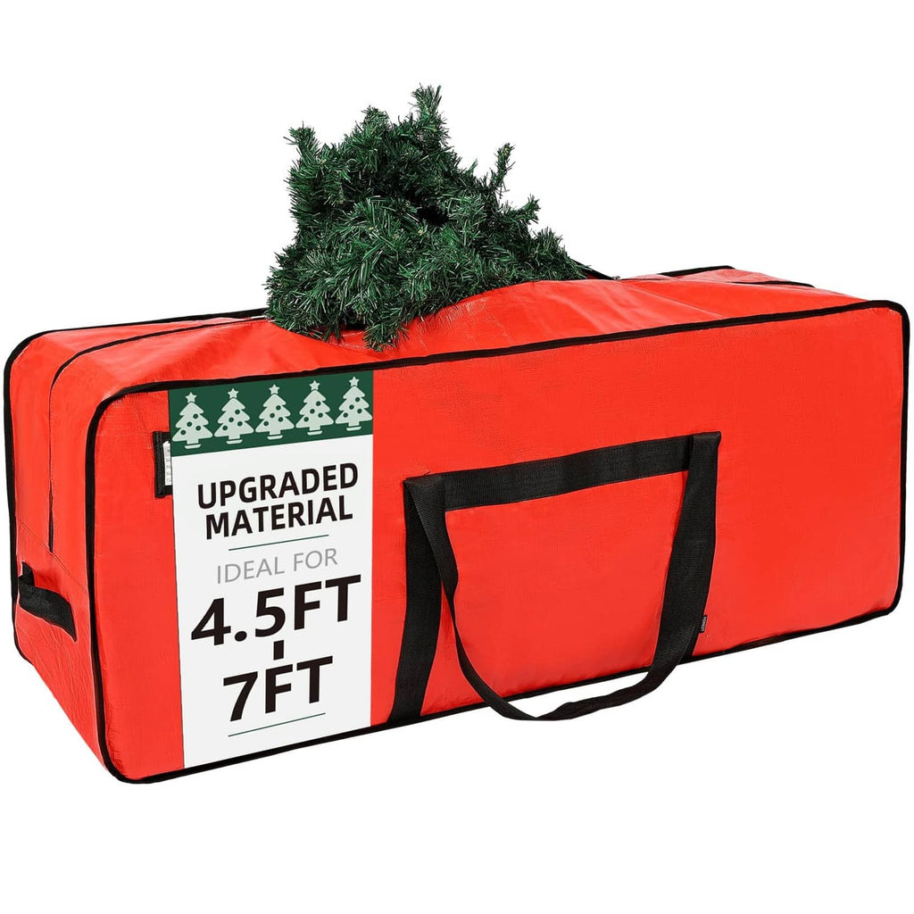 Red Christmas tree storage bag with black handles, holding a 7 ft tree