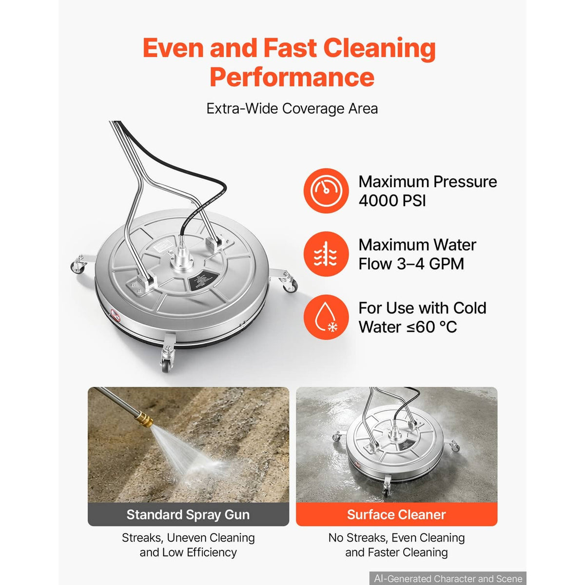 Surface cleaner base with three nozzles and caster wheels, steel construction