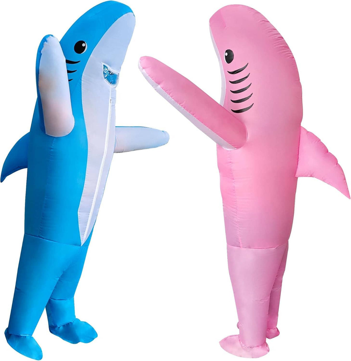 Blue inflatable shark costume with white belly, dorsal fin, and finned tail, full-body