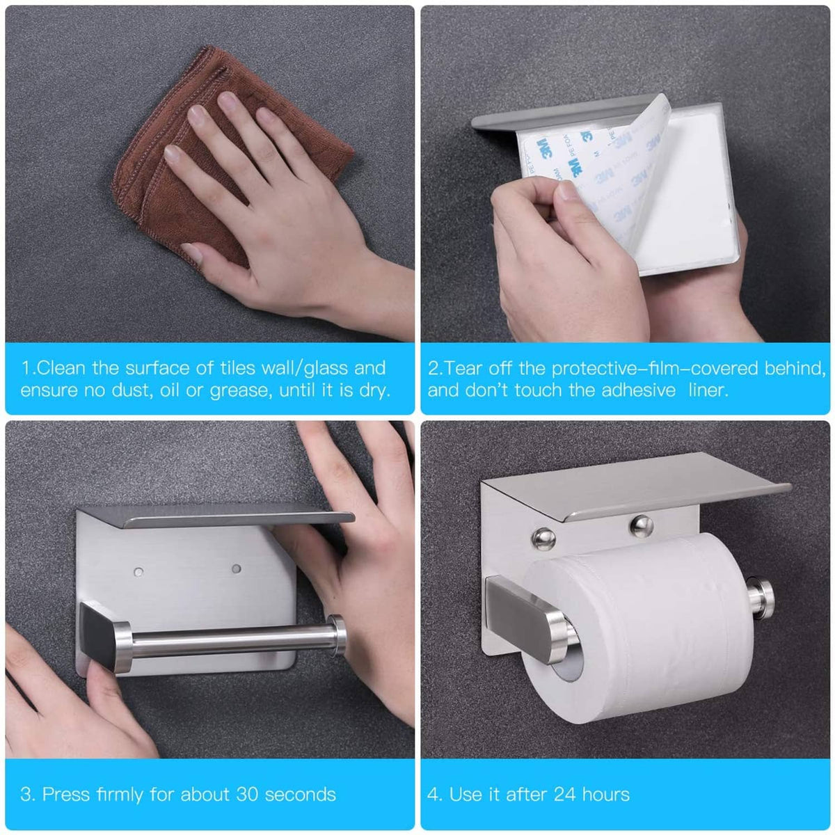 Self-adhesive toilet paper holder installation steps with hands and phone-shelf holder