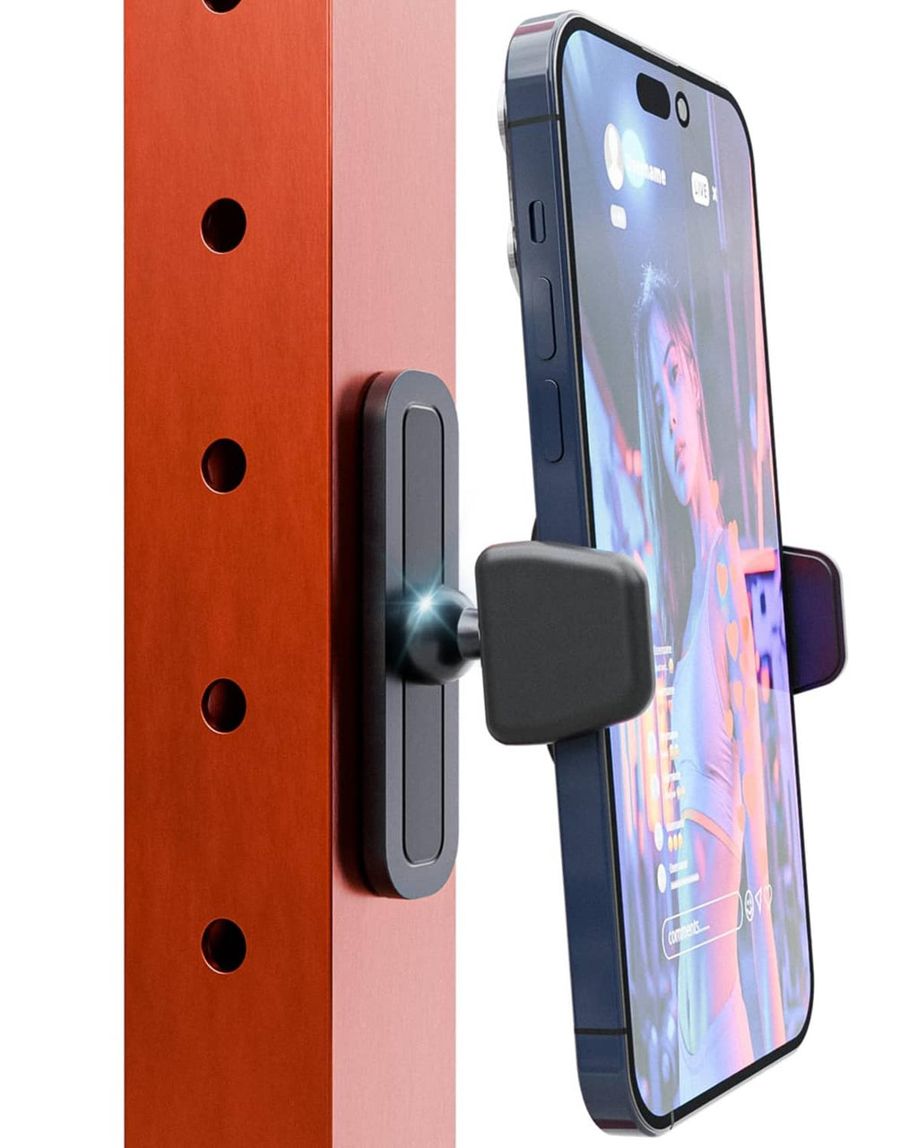 Black magnetic phone holder attached to a smartphone on a wall panel.