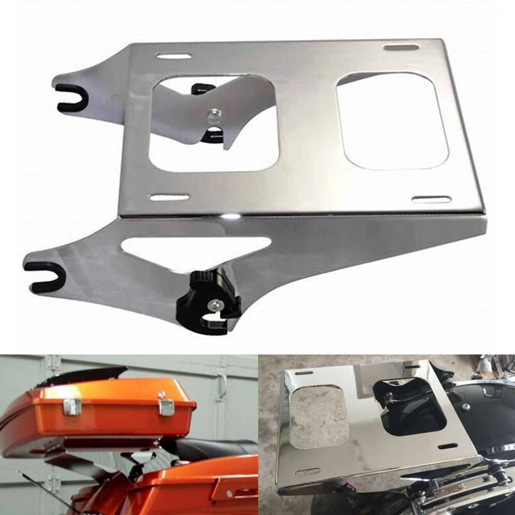 Silver tour-pak mounting rack with detachable black bracket and U-hooks