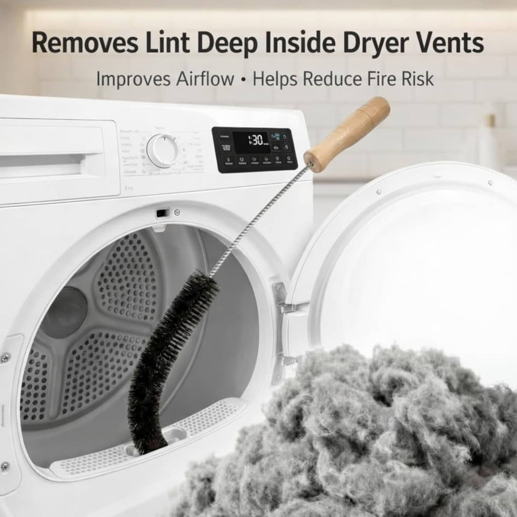 Flexible lint brush inserted in dryer vent opening with black bristle head