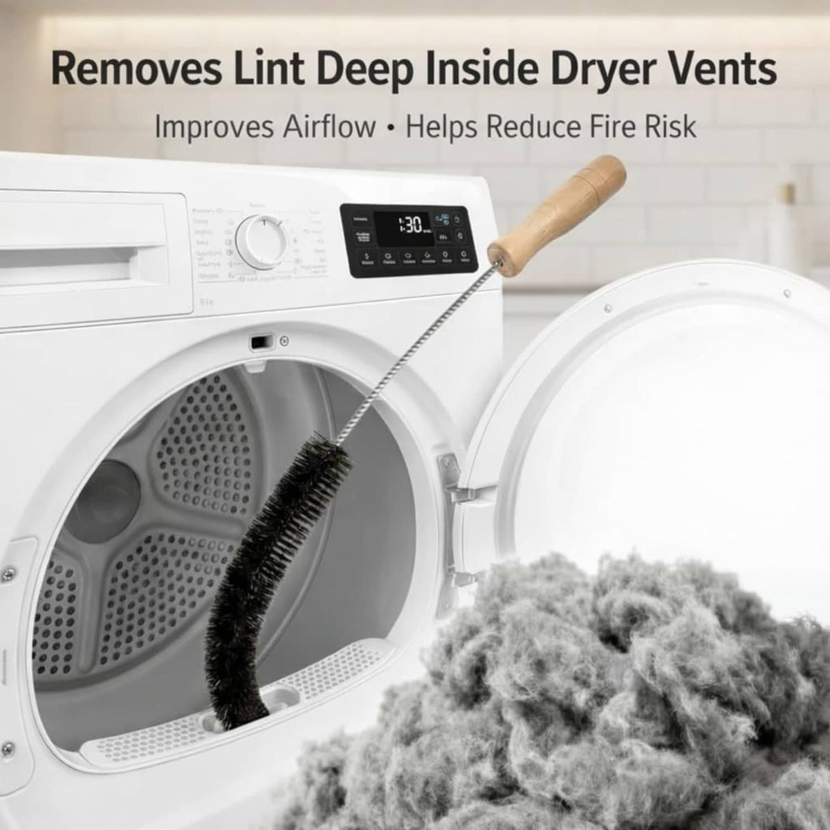 Flexible lint brush inserted in dryer vent opening with black bristle head