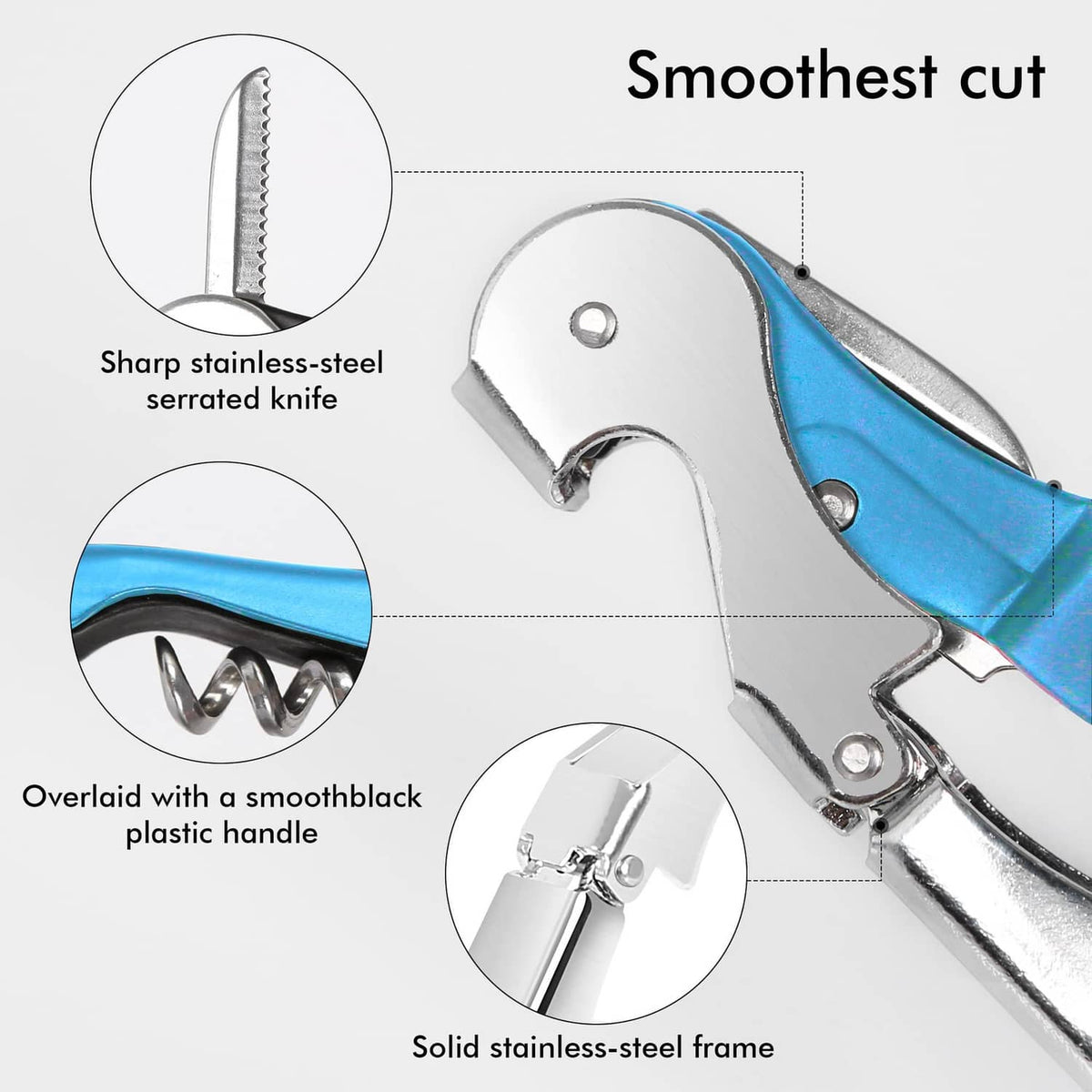 Stainless-steel waiter corkscrew with serrated knife edge and blue plastic handle