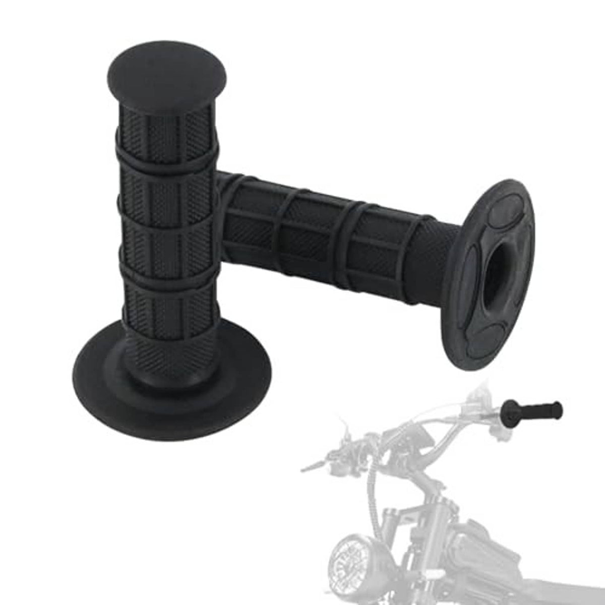 Black rubber handlebar grips pair with raised grid texture and large end cap