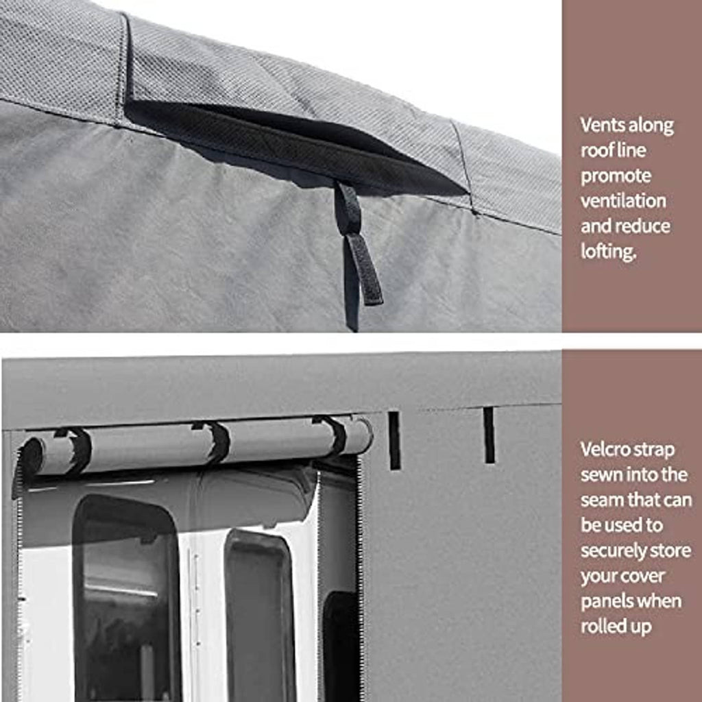 Gray RV cover vents along roofline with black drawstring and Velcro roll-up strap