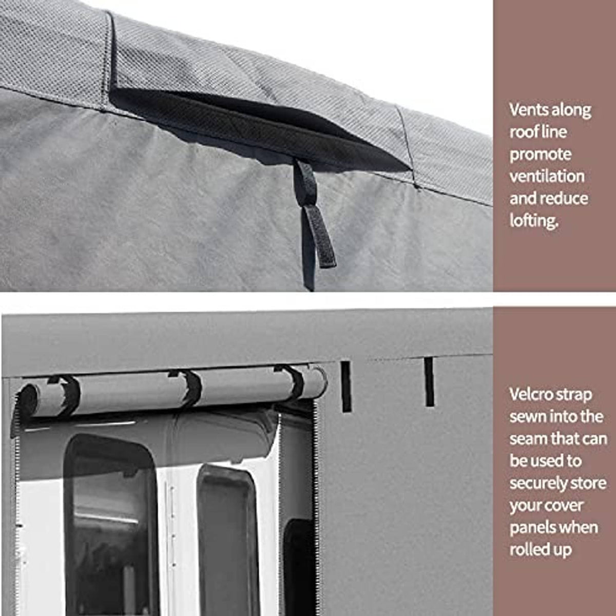 Gray RV cover vents along roofline with black drawstring and Velcro roll-up strap