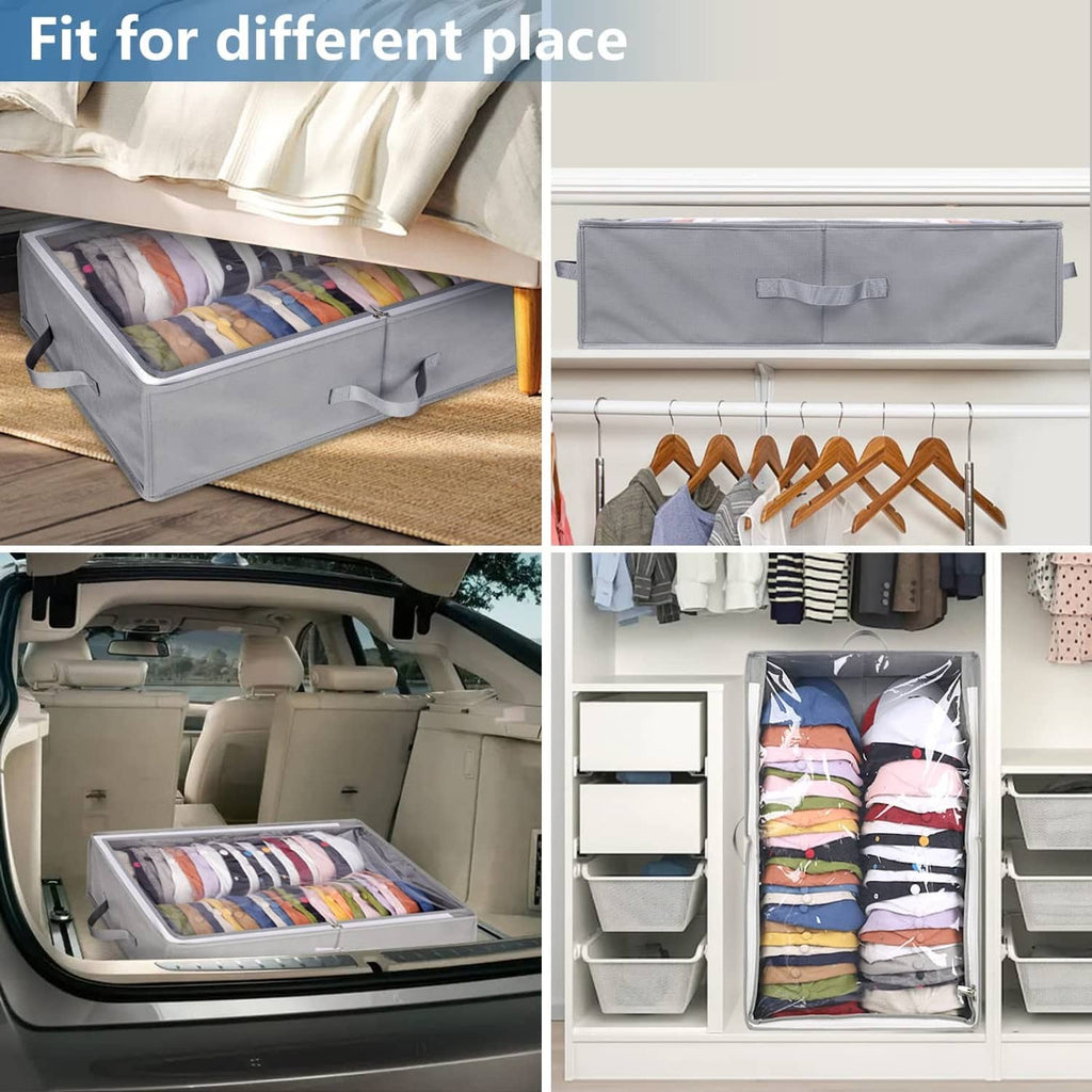 Gray hat storage box with handles, stored in closet with folded caps inside
